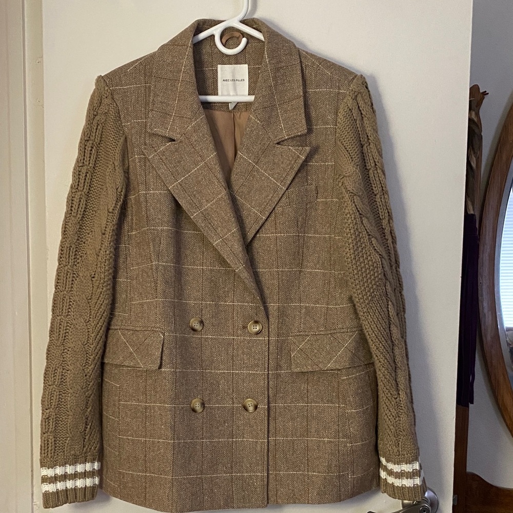 Avec Les Filles Tan Plaid Double-Breasted Blazer